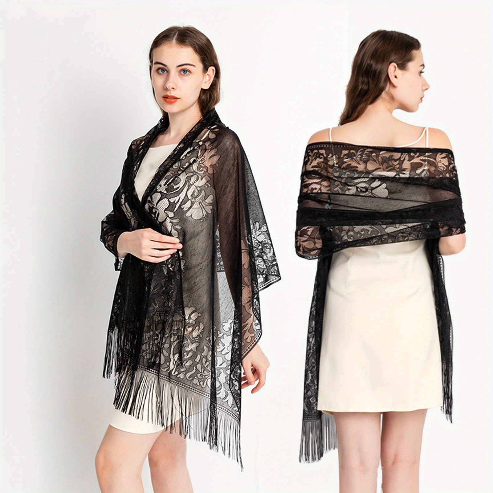 Flower Hollow Out Tassel Shawl Casual Solid Wrap Long Cape
