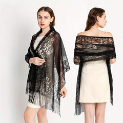 Flower Hollow Out Tassel Shawl Casual Solid Wrap Long Cape