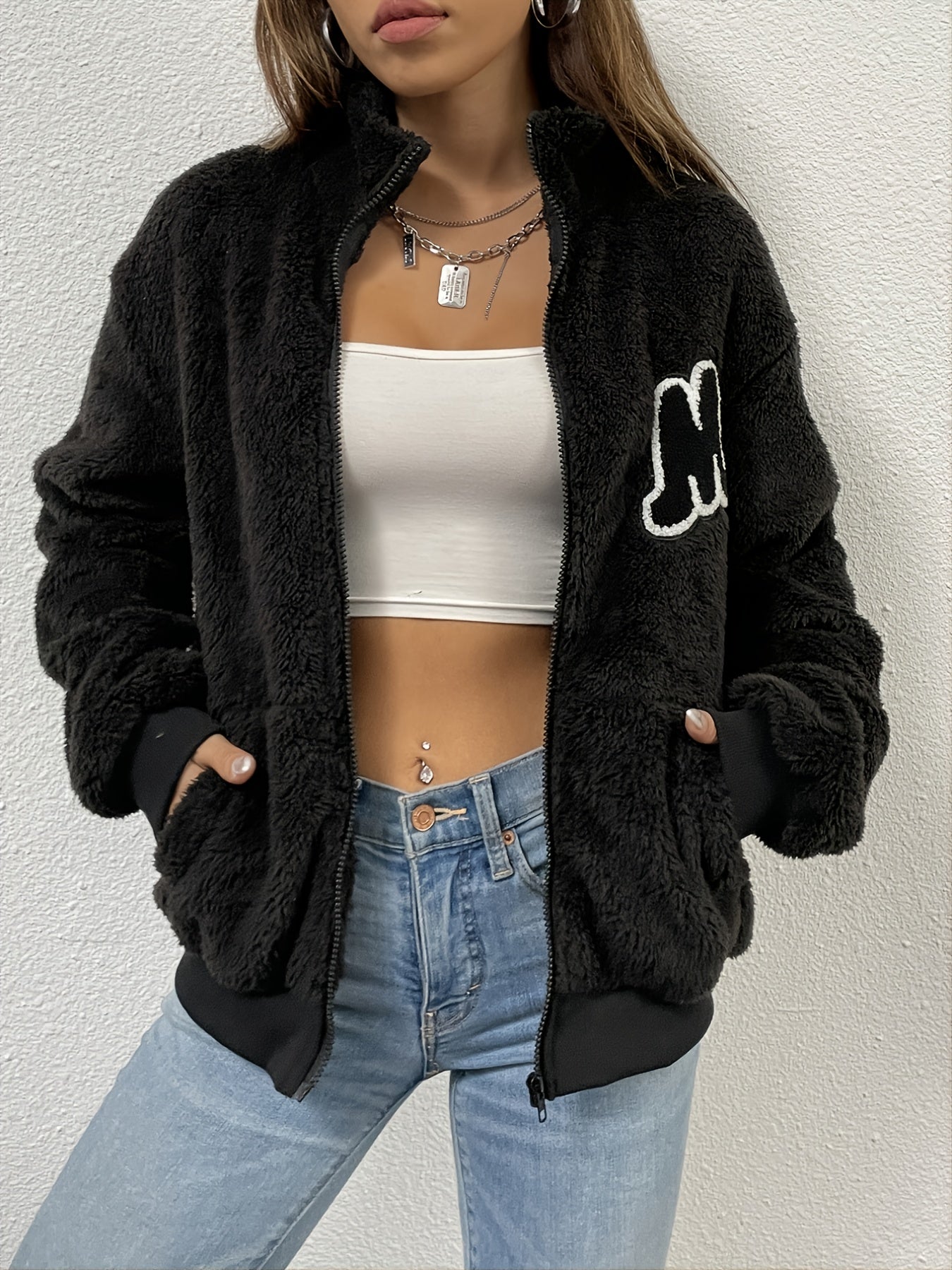Fuzzy Jacket Zipper Lapel Long Sleeve Loose Outerwear