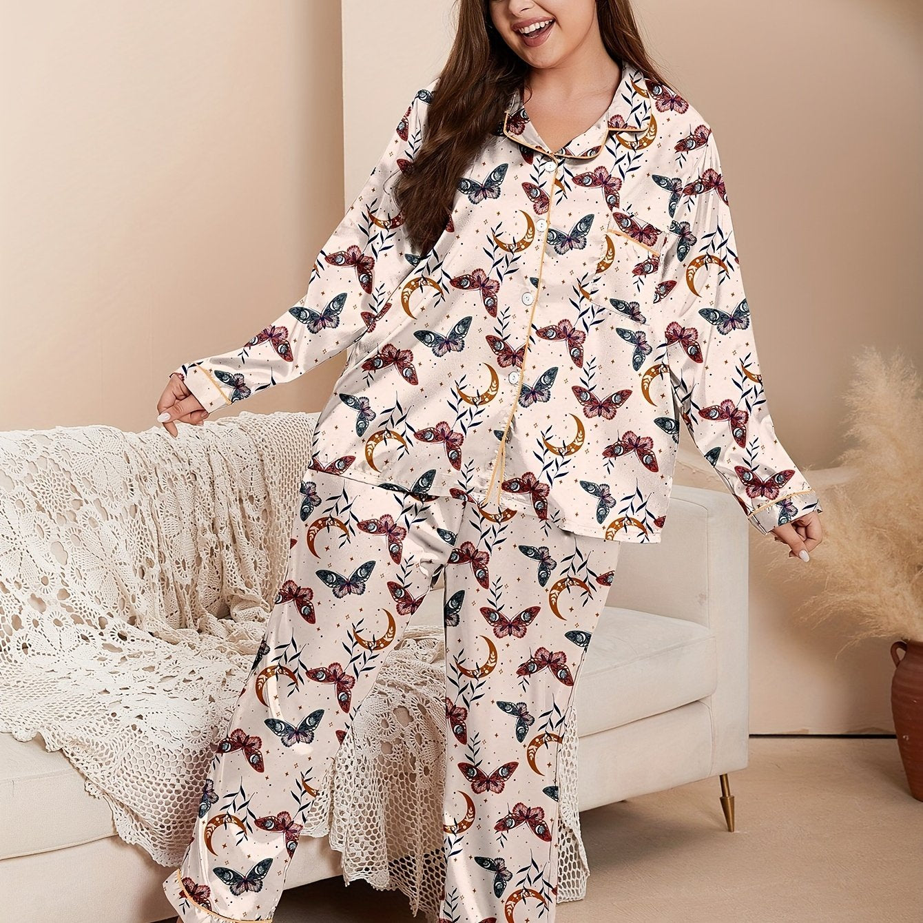 Retro Pajamas Set Women's Butterfly Moon Print Satin