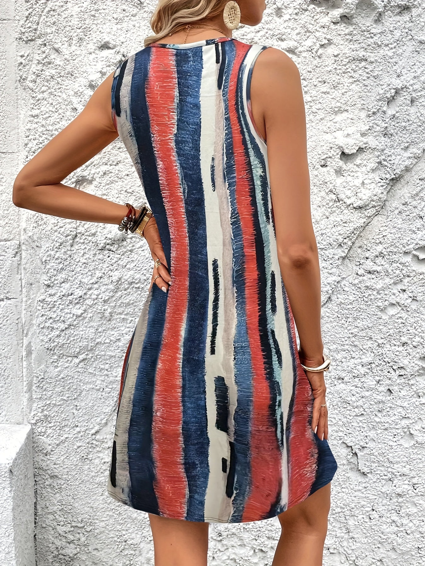 Striped Tank Dress V Neck Sleeveless Mini Dress Women's Clothing