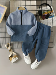 Boys Corduroy Sweatshirt & Pants Set, Stand Collar Zip, Elastic Waist