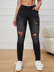 High Rise Ripped Skinny Jeans Water Ripple Embossed Denim Pants