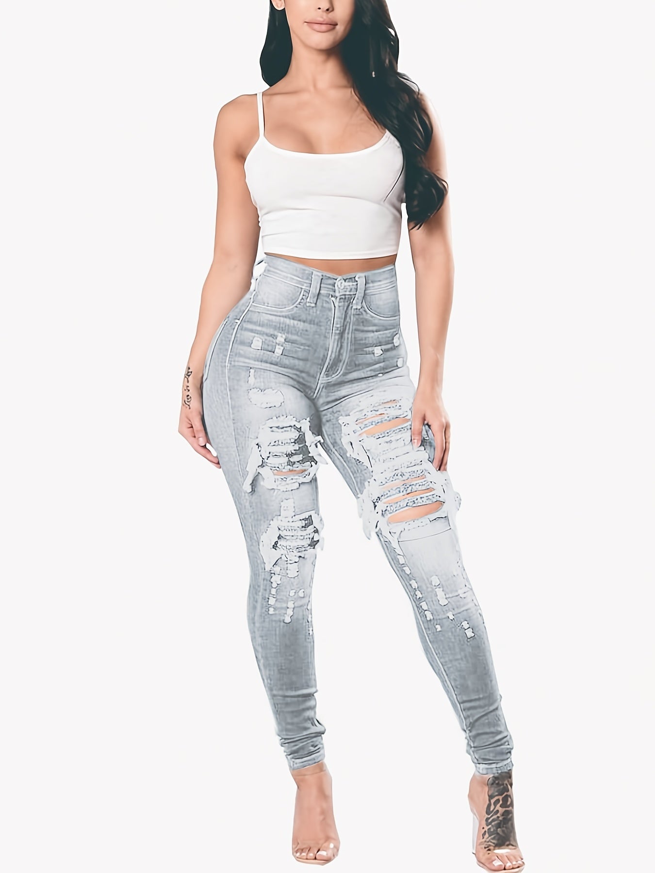 Distressed Skinny Leg Jeans Women's Denim Pants