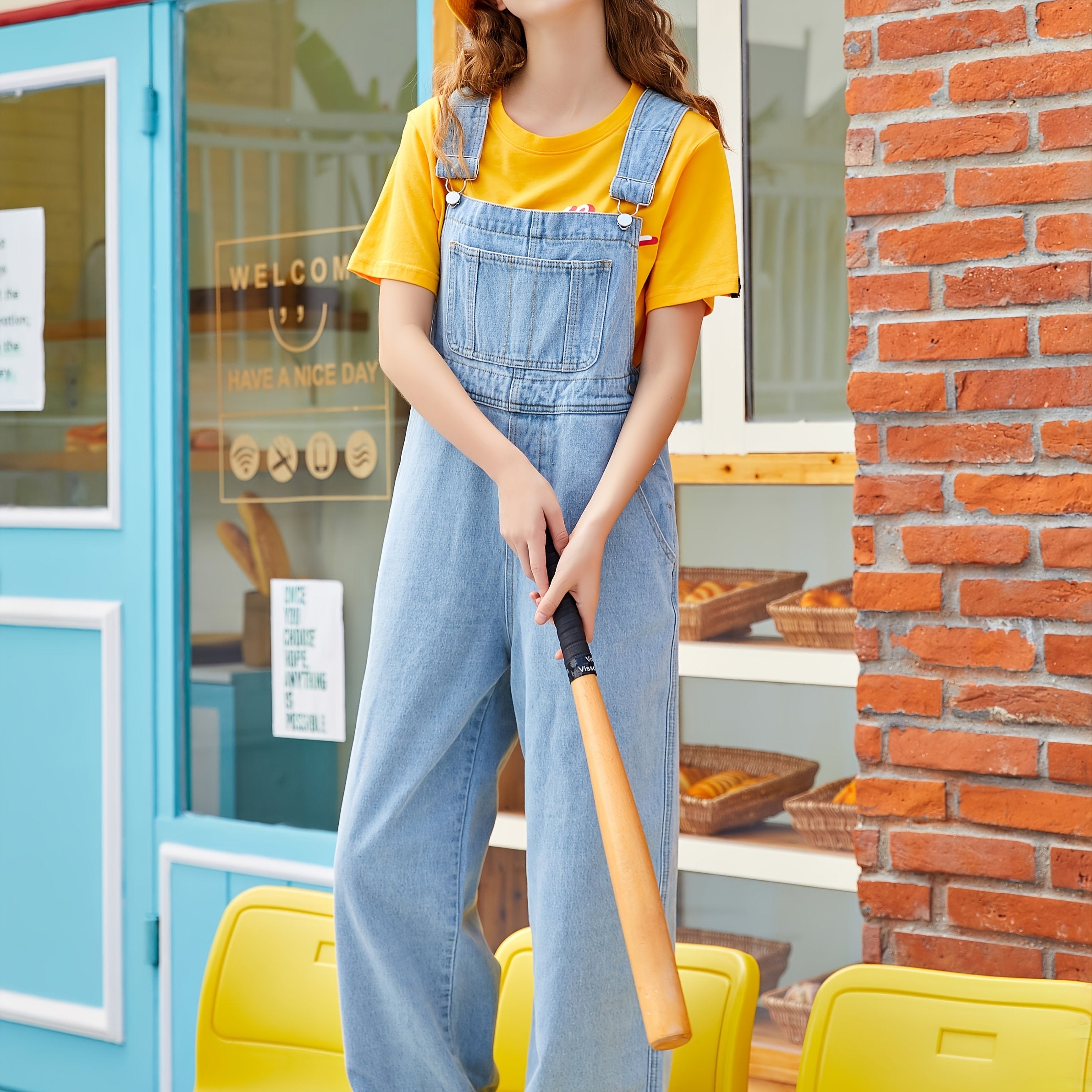 Wide Leg Denim Overalls Casual Loose Fit Wide Straps Denim Jumpsuit