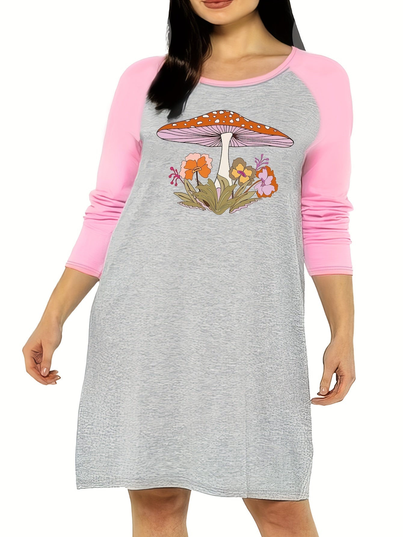 Floral & Mushroom Print Raglan Sleeve Round Neck Tee Sleep Dress