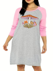 Floral & Mushroom Print Raglan Sleeve Round Neck Tee Sleep Dress
