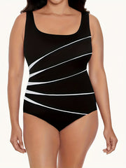 Line Print Scoop Neck Tummy Control One Piece Swimsuit