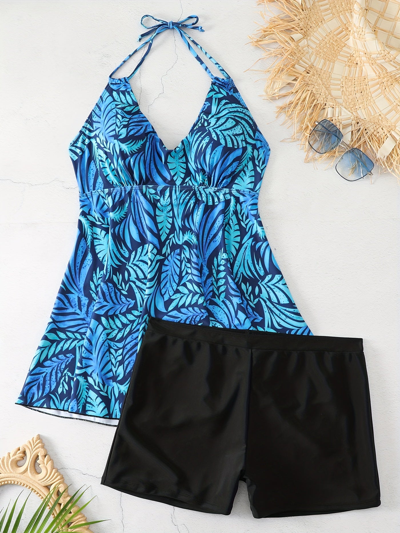 Vacay Tankini Set Leaf Print Halter Top & Shorts Swimsuit 2 Piece Set