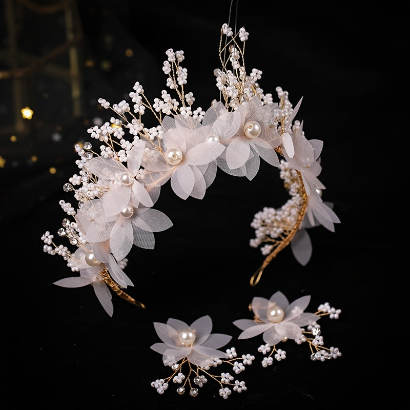 Golden Faux Pearls Flowers Headbands Wedding Hair Accessories Bridal Tiaras