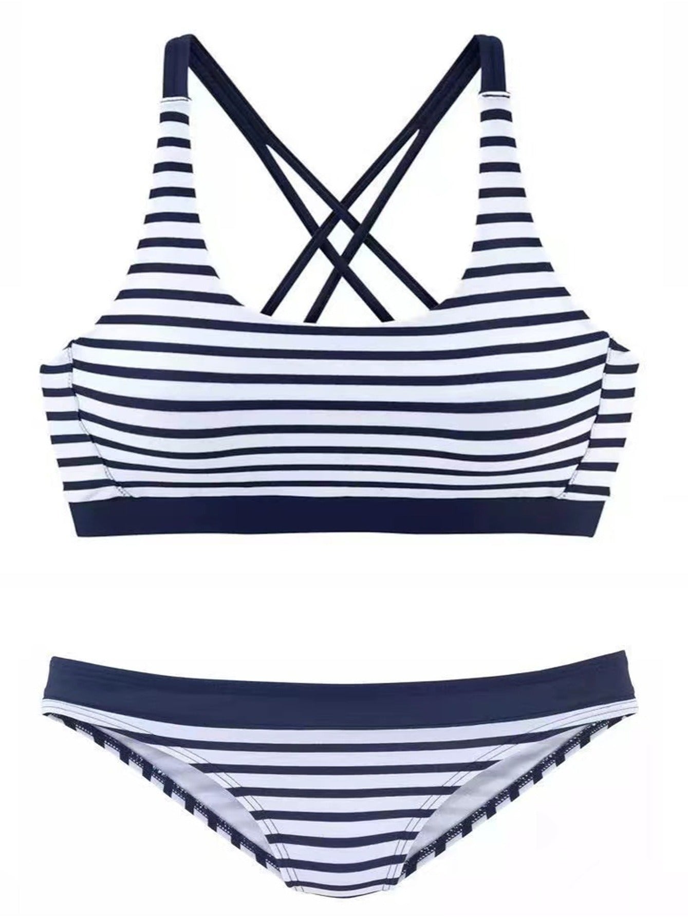 Striped Contrast Trim Wide Straps Low Waist Bikini Set