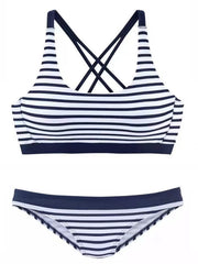 Striped Contrast Trim Wide Straps Low Waist Bikini Set
