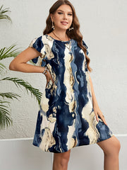 Marble Print Cap Sleeve Ruffle Trim Plus Size Casual Dress