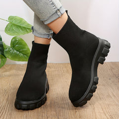 Solid Mid Calf Boots Round Toe Knitted Slip on Boots Women's Footwear