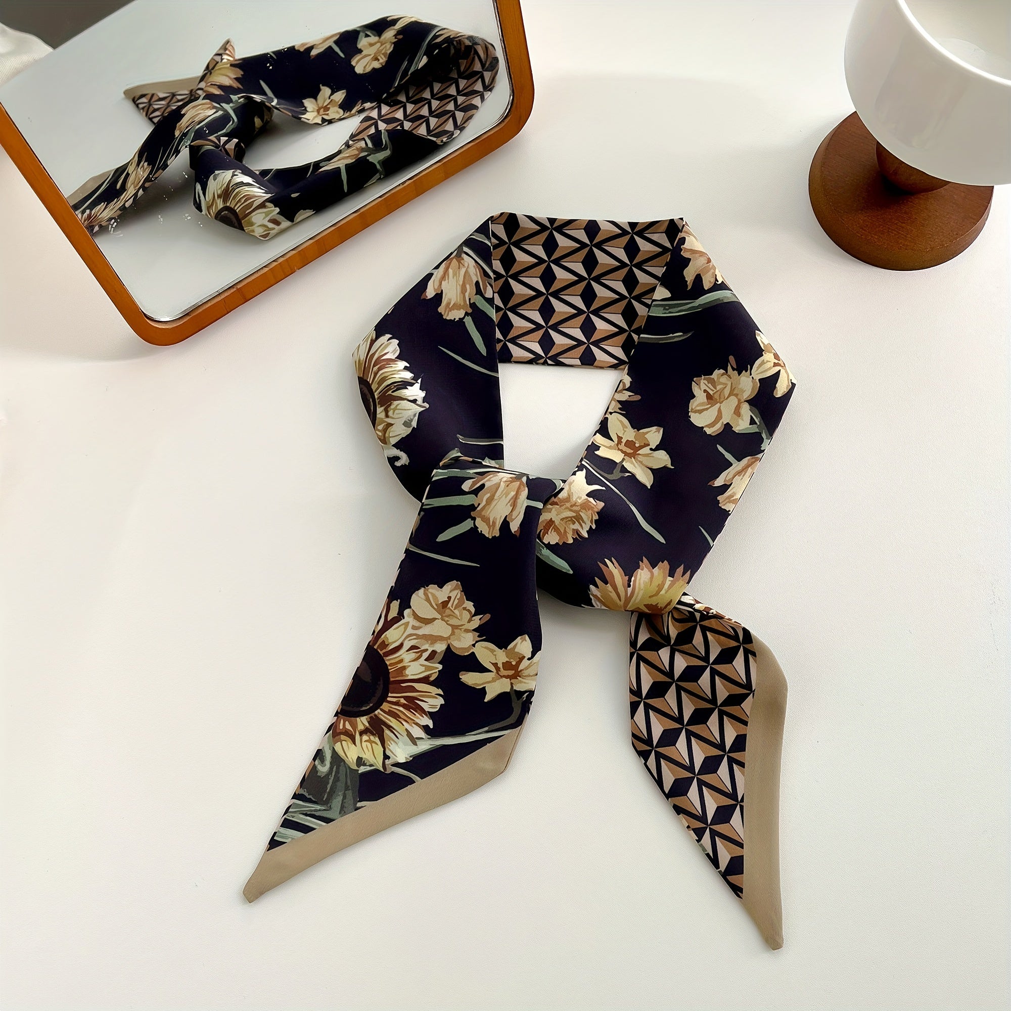 Sunflower Print Satin Twilly Scarf Vintage Neckerchief