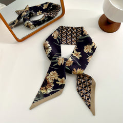 Sunflower Print Satin Twilly Scarf Vintage Neckerchief