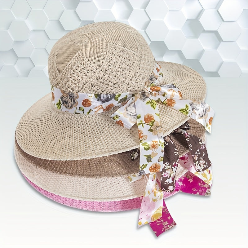 Knitted Bucket Hat Flower Ribbon Decor Sun Hats Breathable