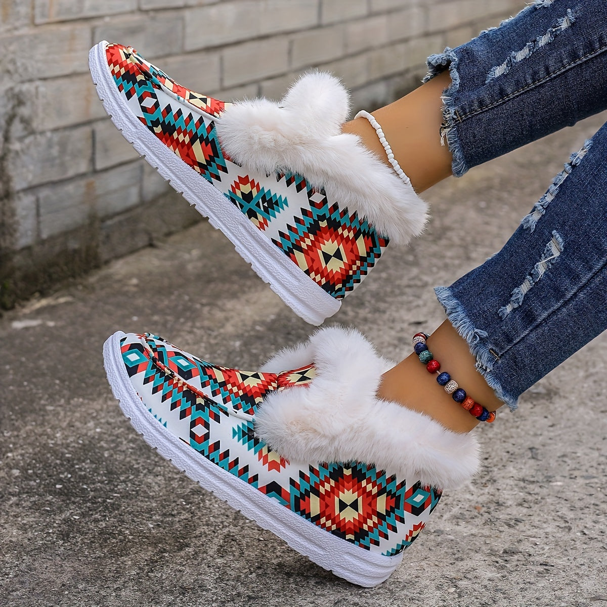 Women's Winter Flats Geometric Pattern Plush Thermal Canvas Shoes
