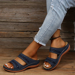 Women's Hollow Out Sandals Faux Leather Open Toe Slip On Wedge Shoes