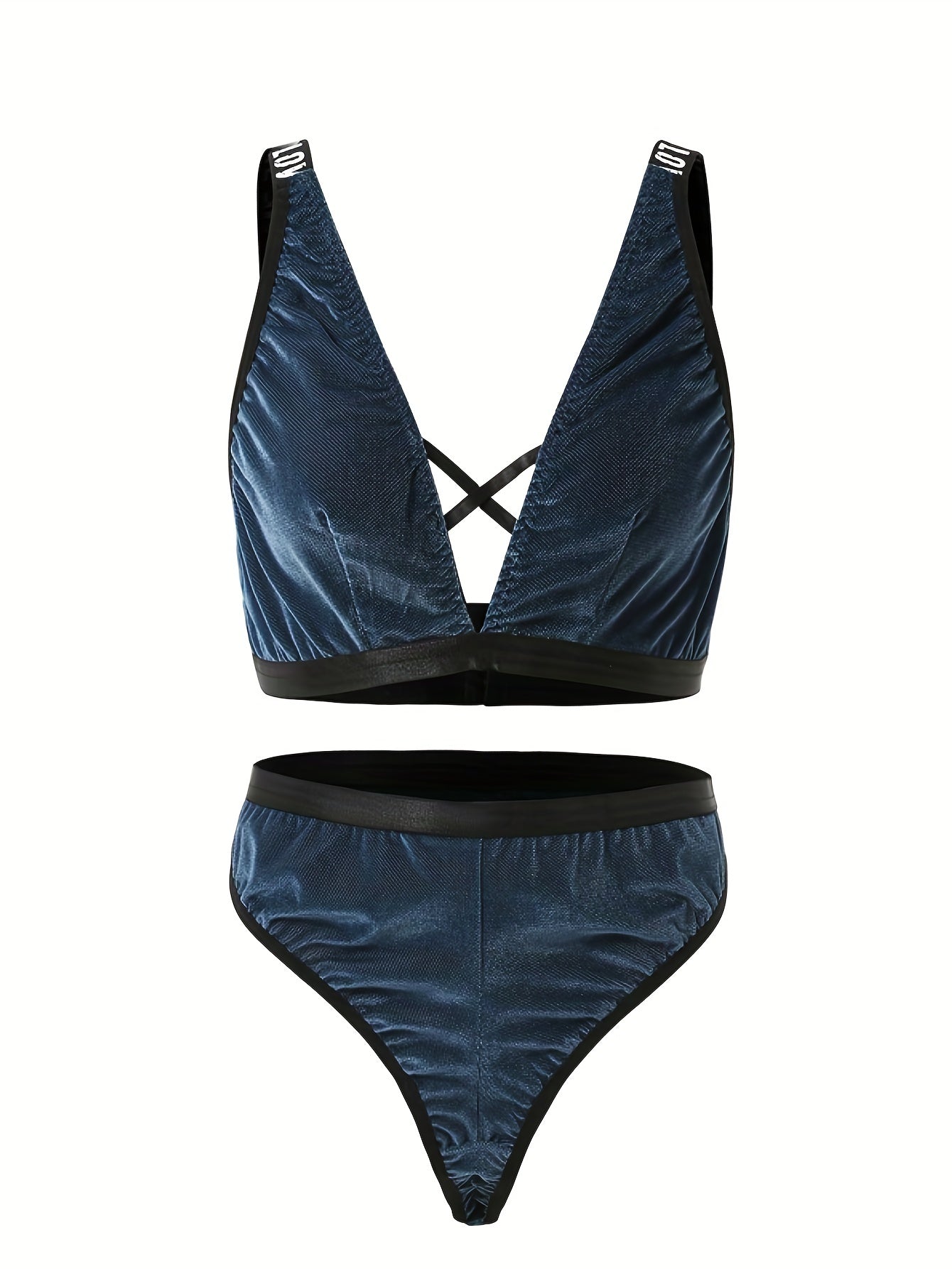 Velvet Letter Tape Criss Cross Bra & Panty Lingerie Set