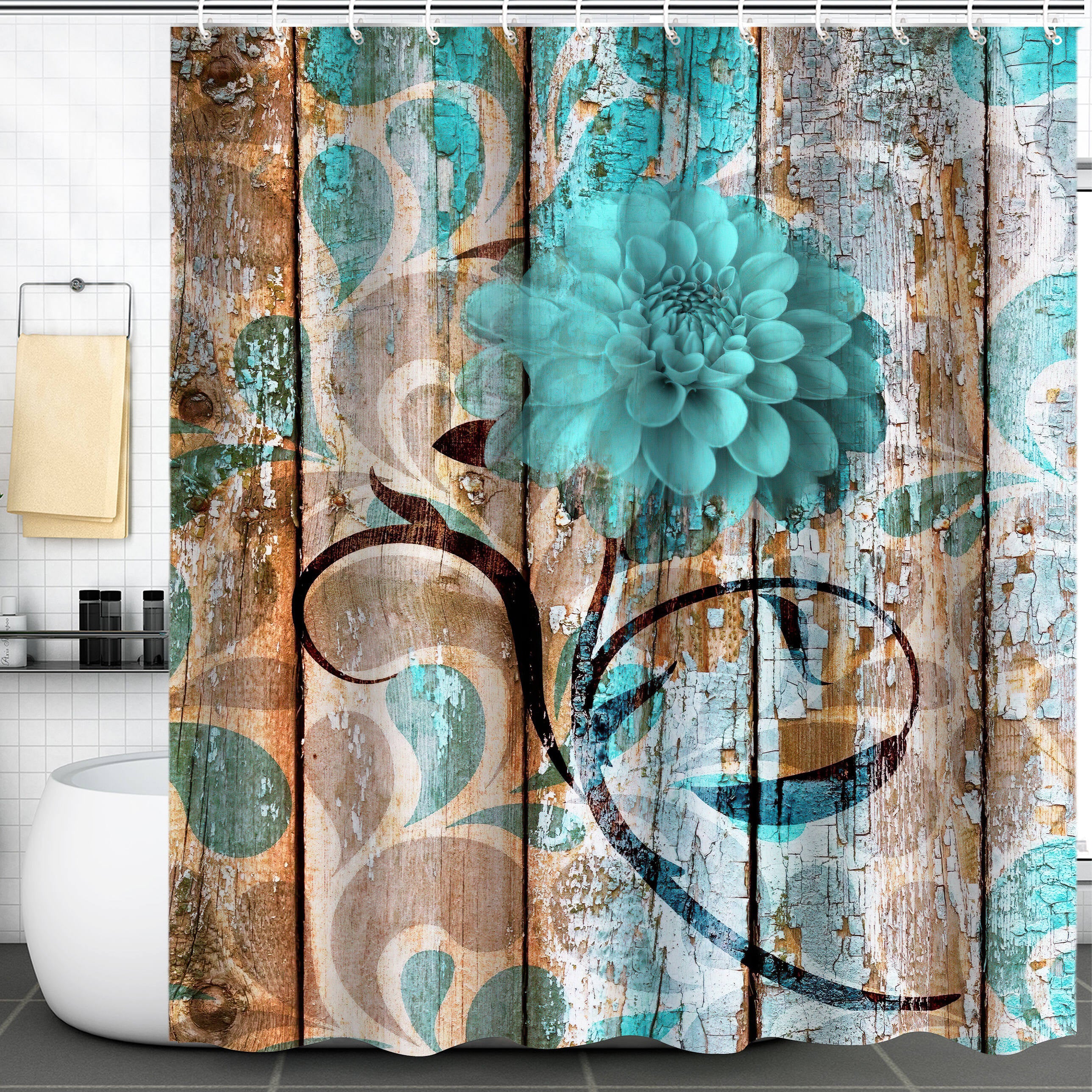 Wooden Flower Shower Curtain American Rural Style Waterproof