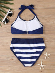 Striped Print Halter Bikini Set Tie Neck Swimsuit Women's Swimwear