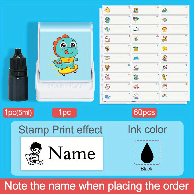 Dinosaur Stamp & 60 Stickers Custom Name Stamp DIY Name Label