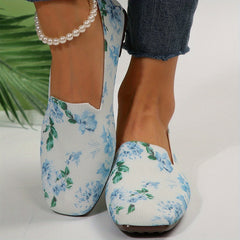 Floral Print Flat Shoes Square Toe Breathable Knit Lightweight Walking Shoes