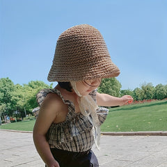 Girls Braided Straw Hat With Lace Straps Sun Protection