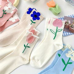 6 Pairs Floral Print Mid Tube Socks Women's Stockings