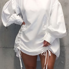 High Neck Lantern Sleeve Ruched Stretch Dress
