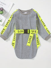 Girls' Side Taping Crew Neck Buckle Belt Dress For Party Going Out
