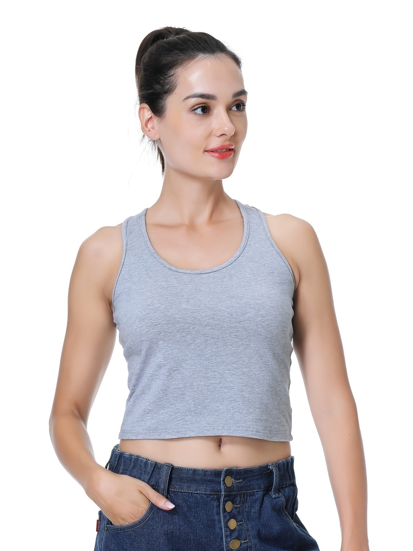 Solid Crop Tank Top Crew Neck Summer Sleeveless