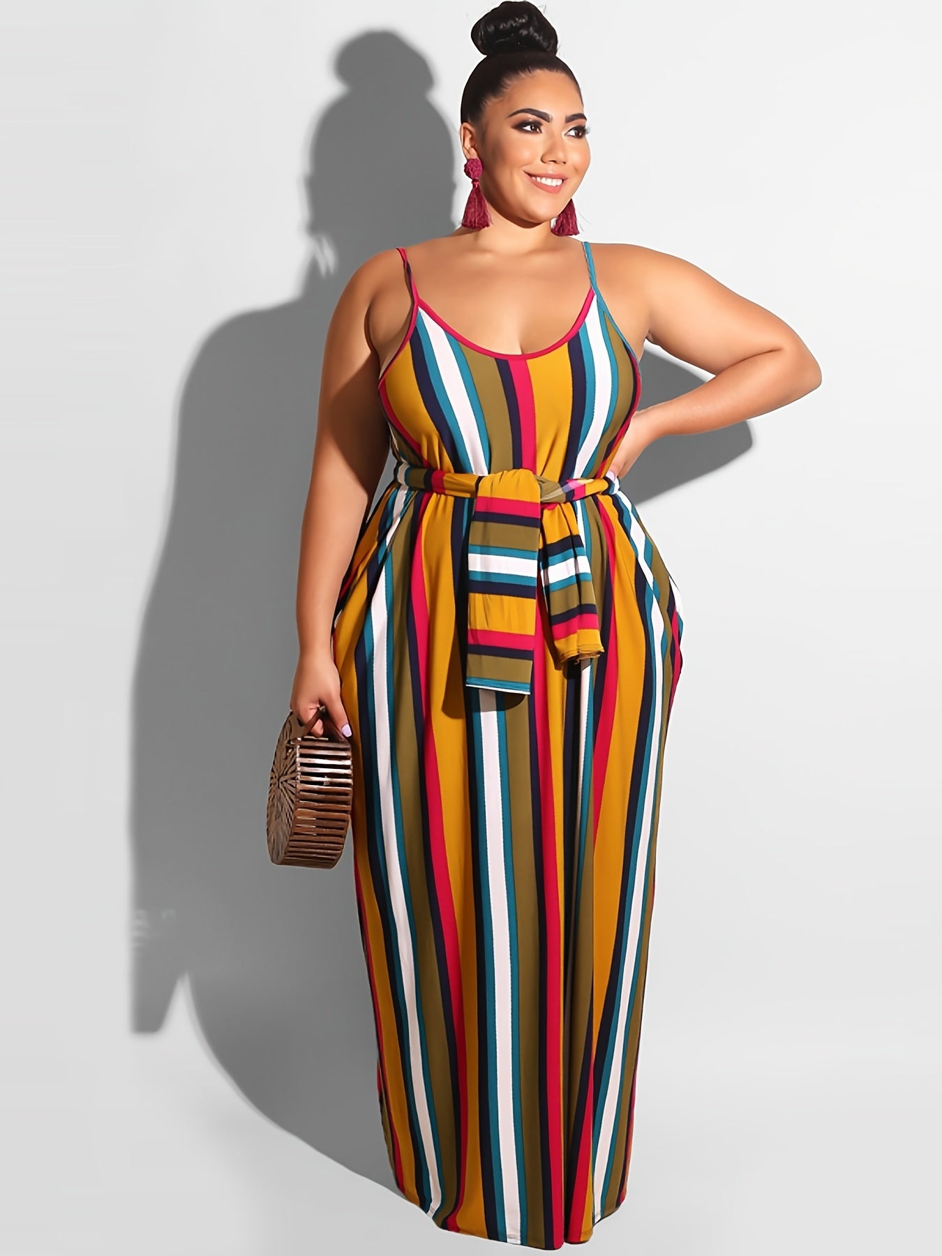 Strip Cami Maxi Dress With Pockets Women's Plus Medium Stretch