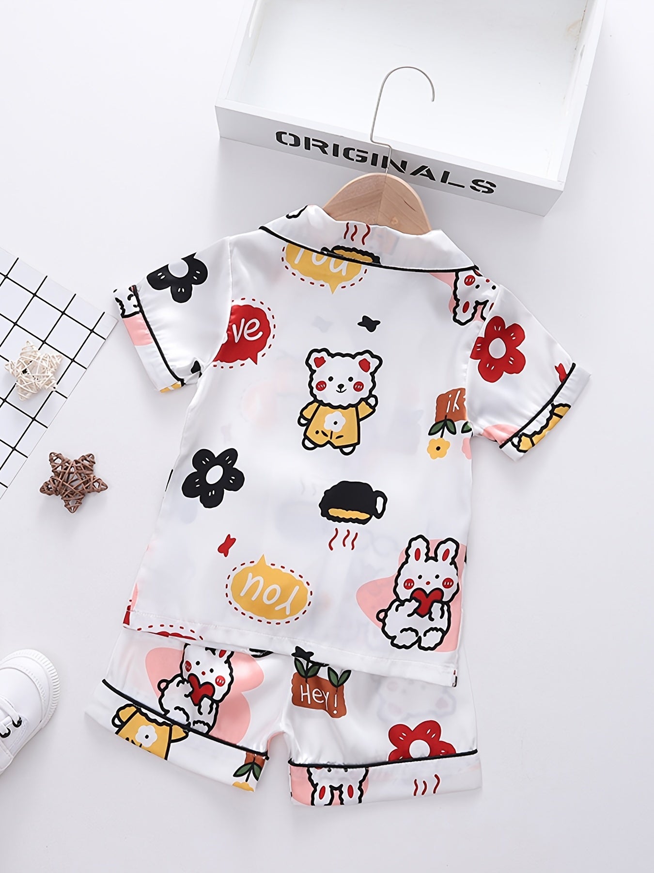 Girls Cartoon Bear Pajamas Set V Neck Button Top & Shorts Kids Summer Clothes