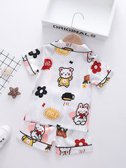 Girls Cartoon Bear Pajamas Set V Neck Button Top & Shorts Kids Summer Clothes