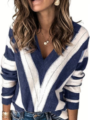 Colorblock Stripe Print V Neck Sweater