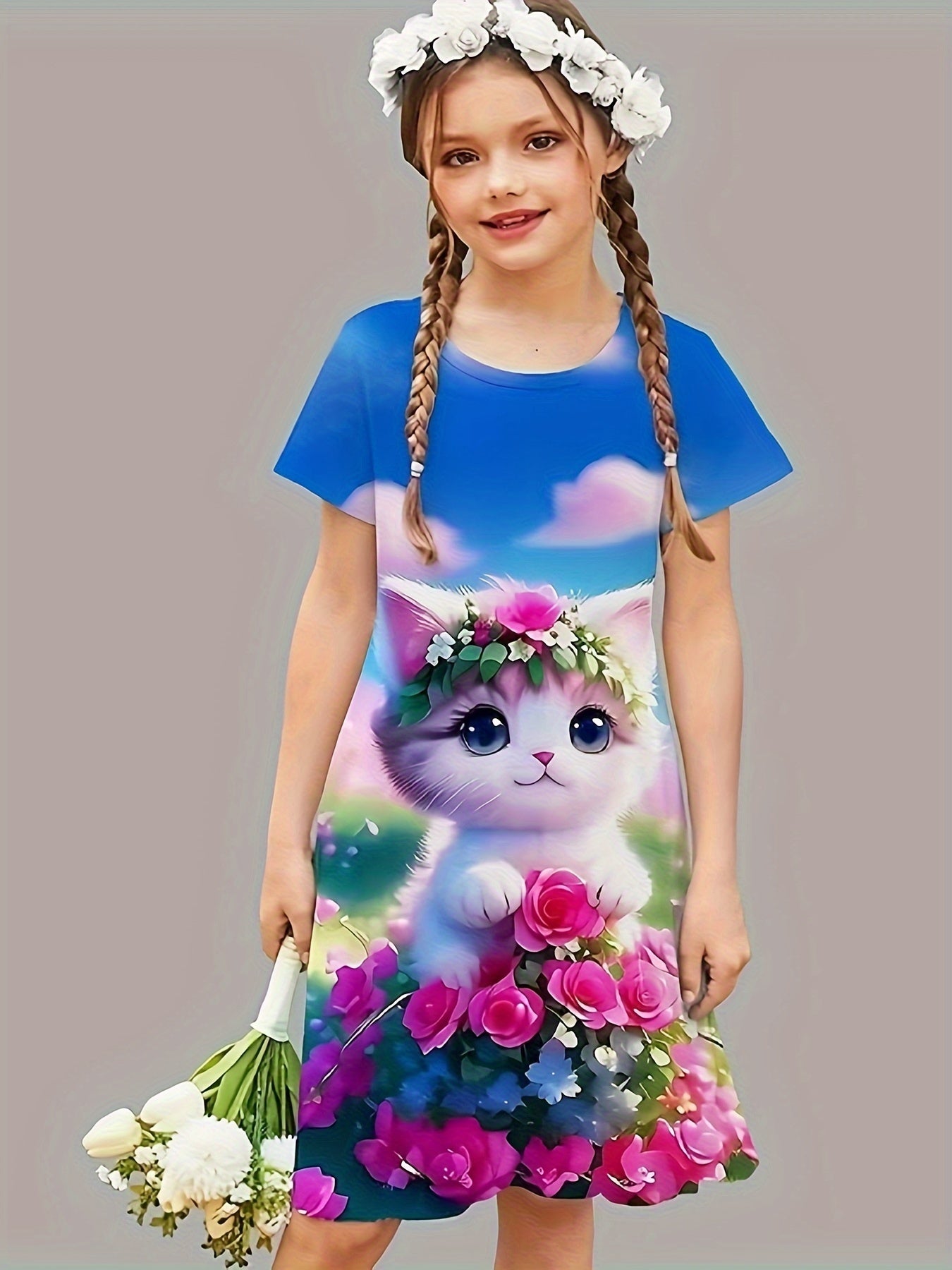 Sweet Flower Cat Print Crew Neck Short Sleeve Dress For Summer Party