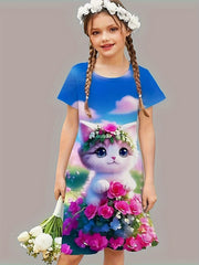 Sweet Flower Cat Print Crew Neck Short Sleeve Dress For Summer Party