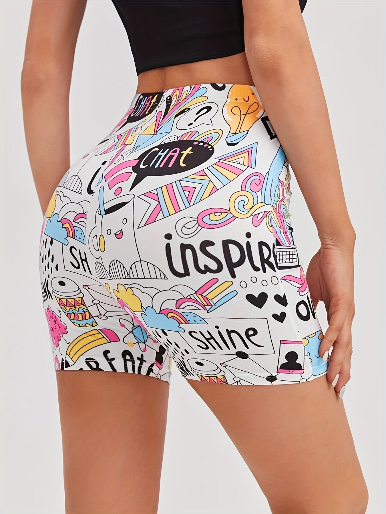 Cartoon Print Skinny Bike Shorts High Waist Summer Sports Casual Shorts