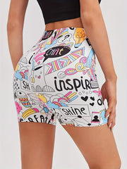 Cartoon Print Skinny Bike Shorts High Waist Summer Sports Casual Shorts