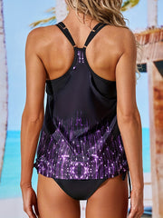 Vacay Tankini Set Glitter Graphic Print Lace Up Cami Top & Panty Swims