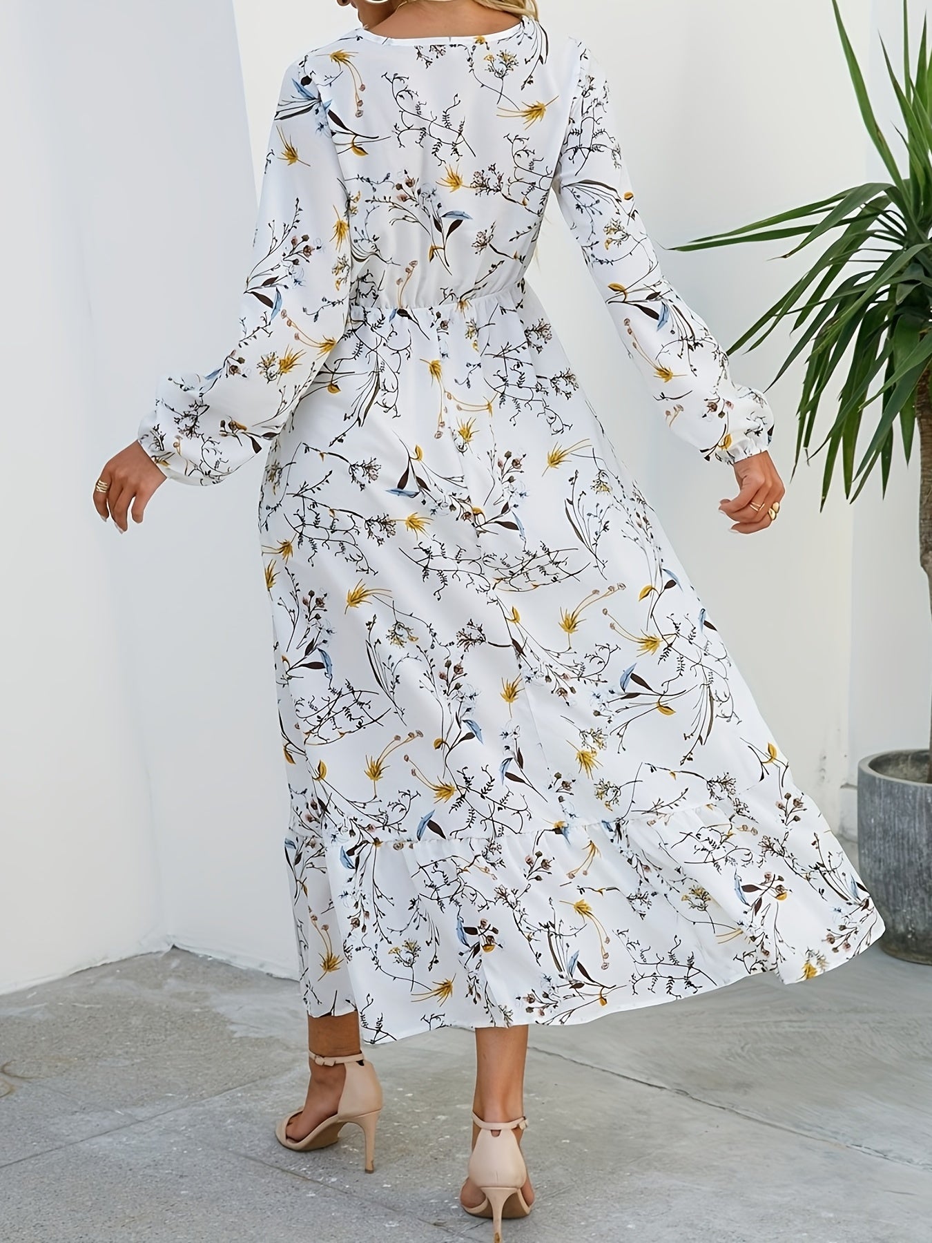 Floral Print Crew Neck Dress Long Sleeve for Spring & Fall