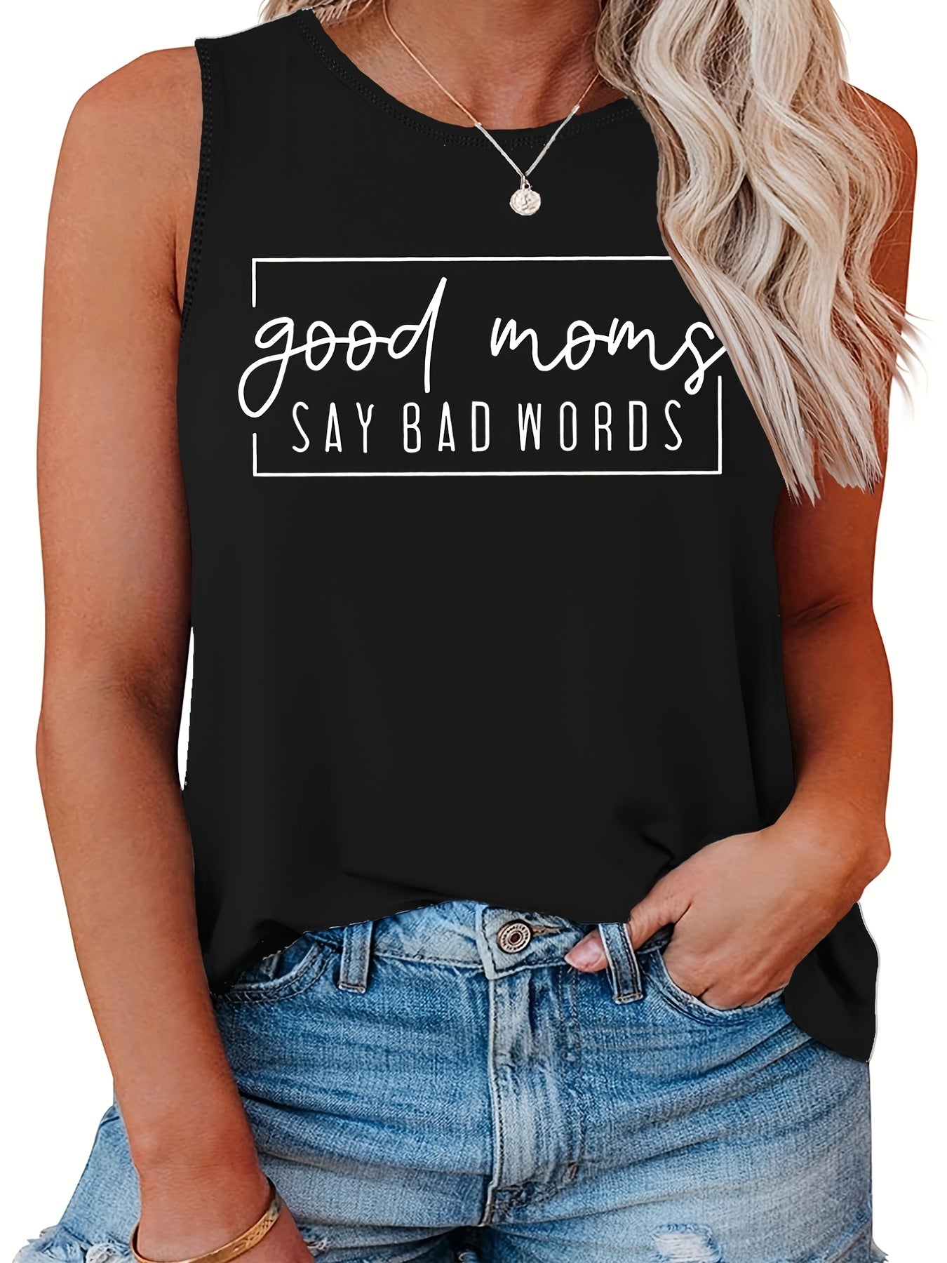 Casual Top Women's Plus Slogan Print Round Neck Tank Top