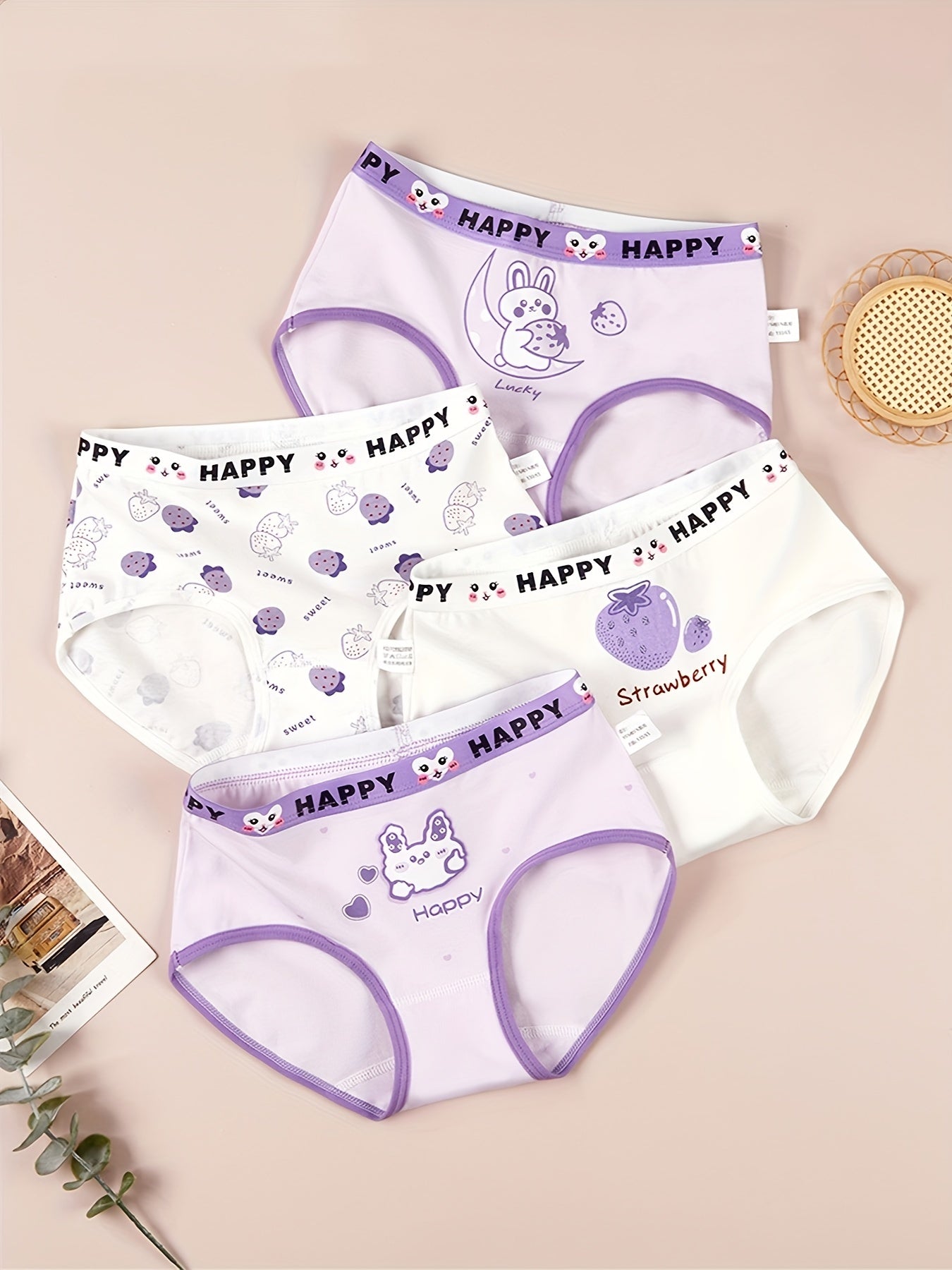 4pc Girls Cartoon Print Boxer Briefs Kids Underwear