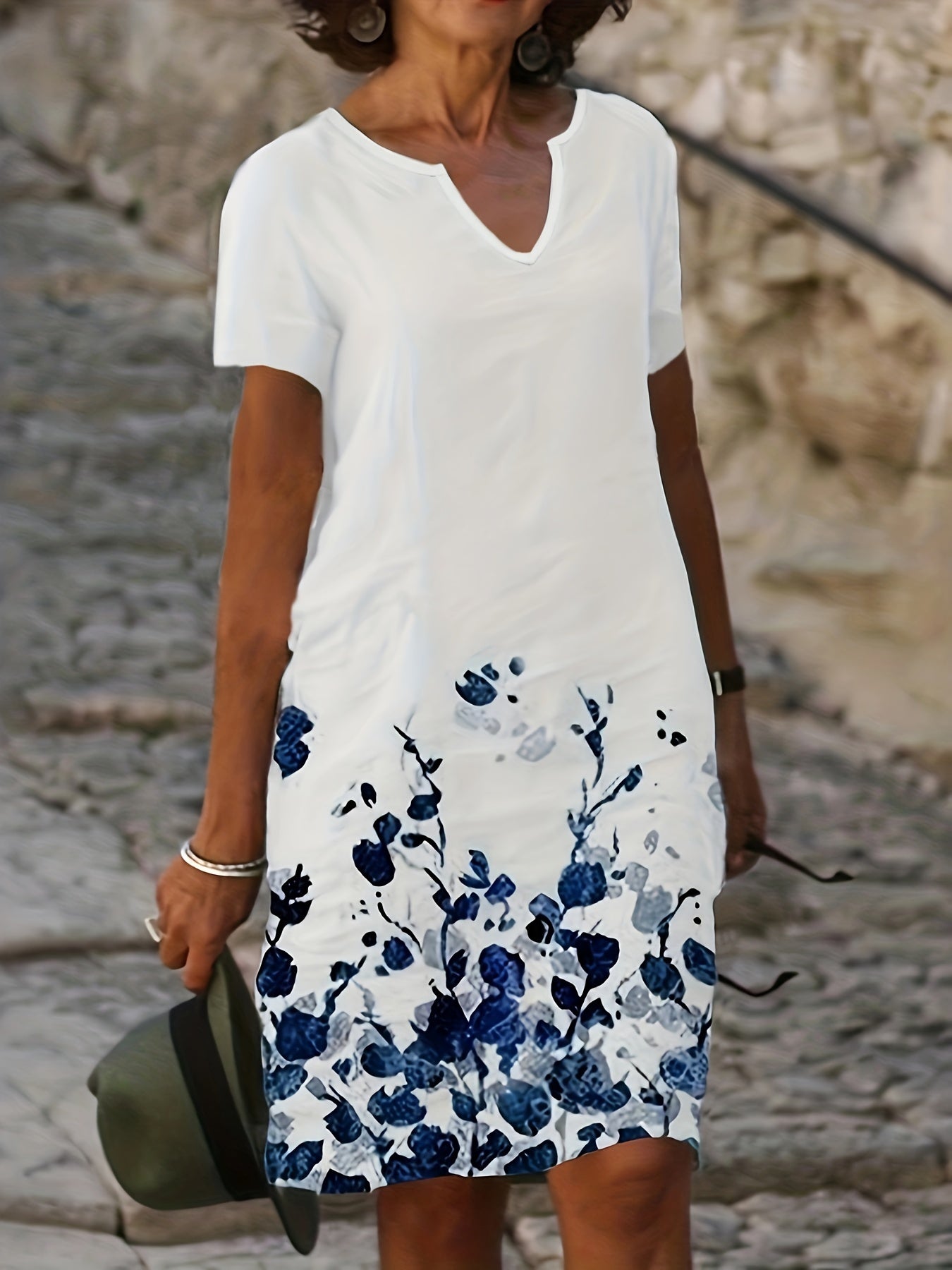 Floral Print Dress Casual V Neck Short Sleeve Dress Women's Clothing