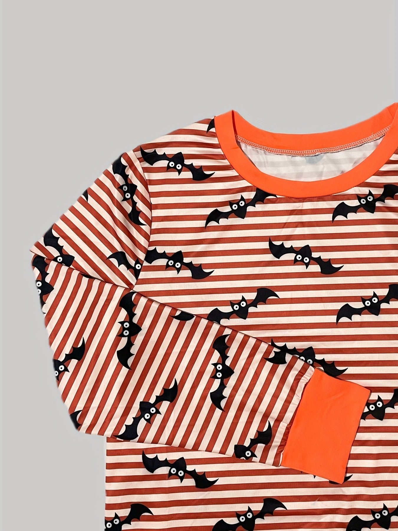 Stripe & Bat Print Pajama Set Long Sleeve Top & Pants