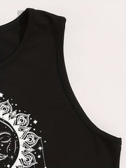 Sun & Moon Print Crop Tank Top Sleeveless Summer Casual Top