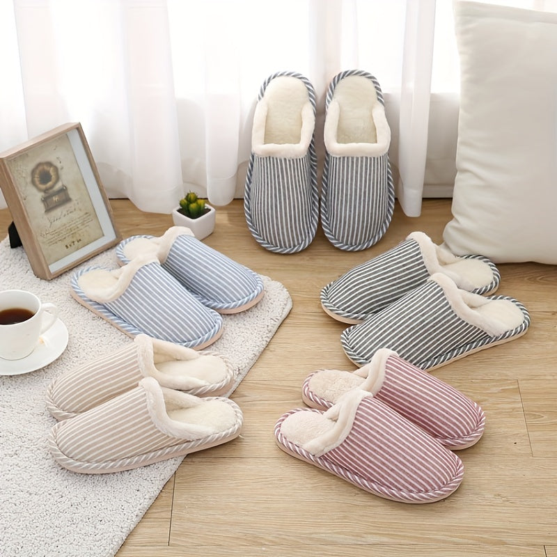 Plush Lined Striped Slippers Warm Flat Shoes Home Fuzzy Slippers