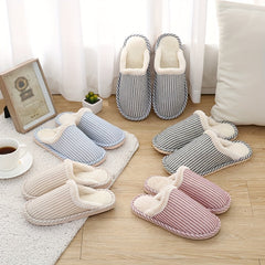 Plush Lined Striped Slippers Warm Flat Shoes Home Fuzzy Slippers